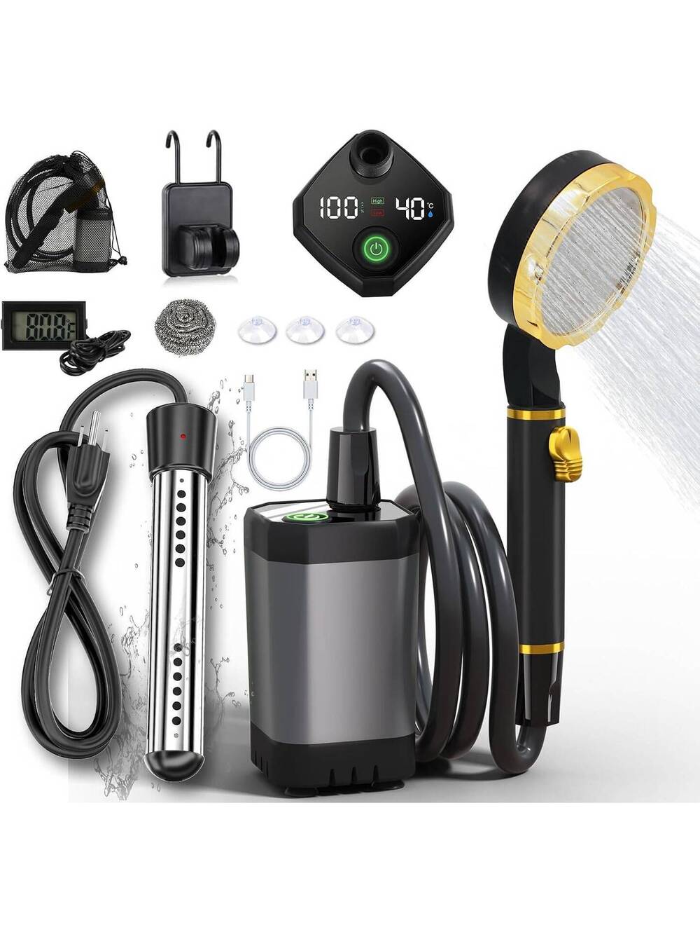Portable Camping Shower - 6000mAh Battery, 2000W Immersion Heater & LED Display